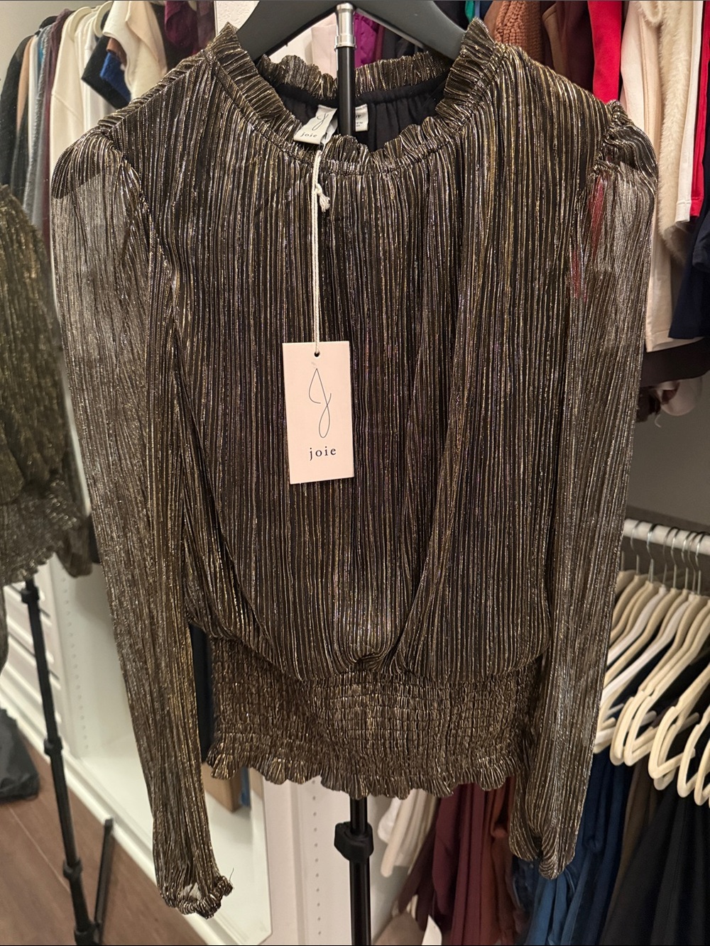 Joie Shimmery Bronze-Gold Pleated Long Sleeve Blouse